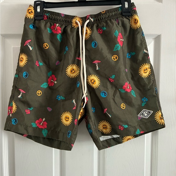 PacSun Olive Floral and Peace Symbol Board Shorts - Picture 1 of 6